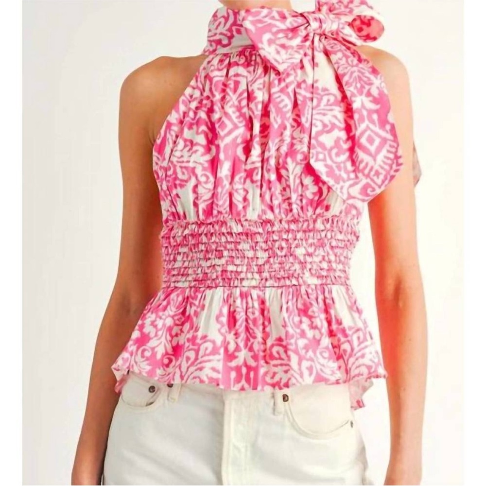 Reset by Jane Top Pink White Smocked Waist NWT NEW✨Sz M 🍒 - Picture 2 of 8